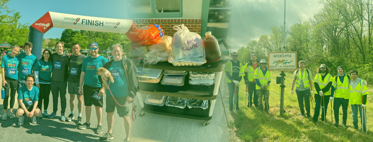 A collage of images: a team of interclypse runners at ASA runfest, a cart of donated food, at team of interclypse employees in high viz jackets next to the interclypse adopt a highgway sign carrying trash bags and grabbers.
