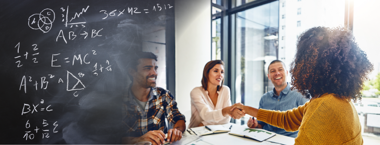 A hiring meeting super imposed over a chalkboard depicting math equations