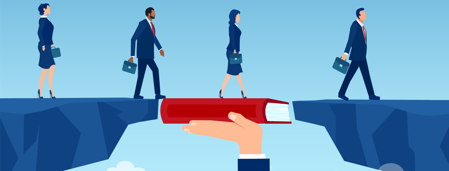 Business professionals walking across the gap between two cliffs. They use a large book held up by a giant hand representing learned skills as a bridge to cross the gap.